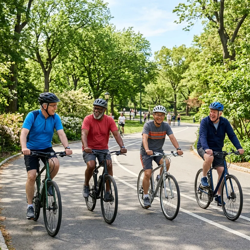Group of active retired senior men cycling and enjoying outdoor activities together