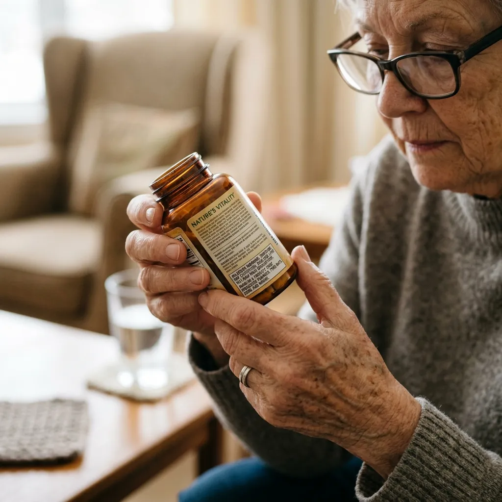 Close-up of a senior checking warnings and ingredients list on a supplement bottle with a magnifying glass