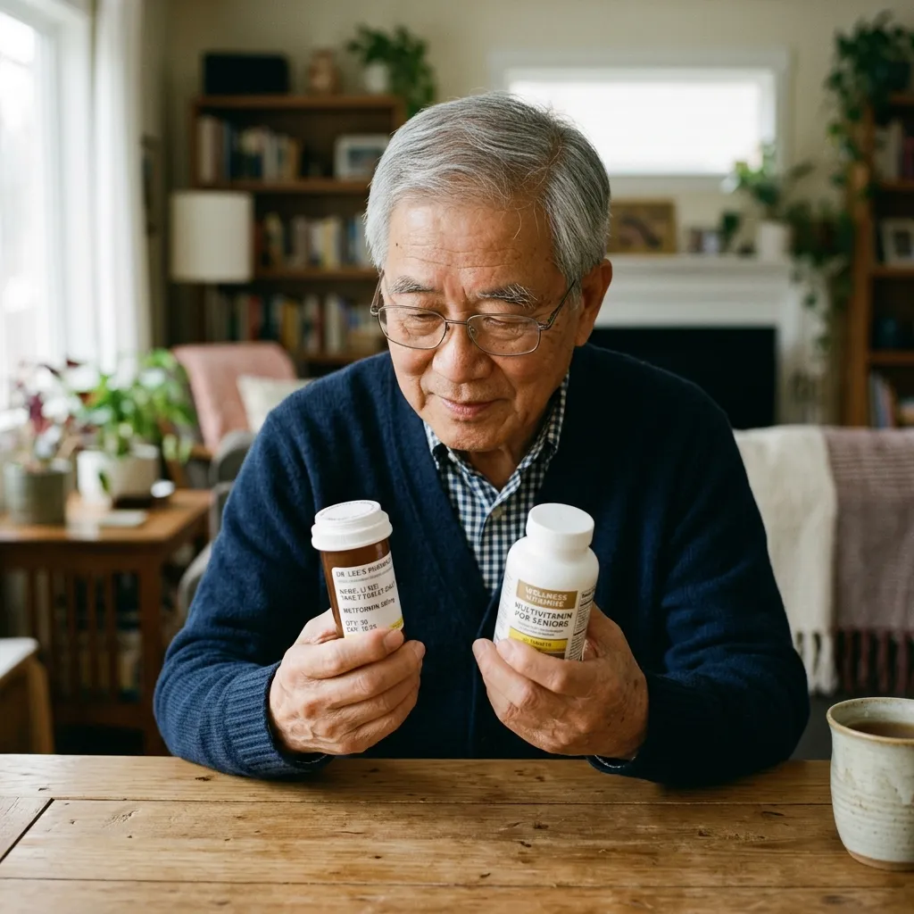 Senior man looking at prescription bottles and supplements, comparing ingredient labels