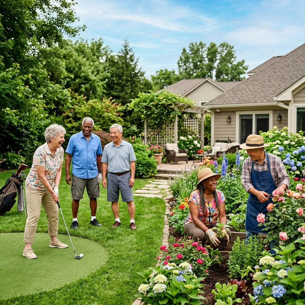 Active global retired seniors playing golf and gardening in a lush backyard on a sunny day