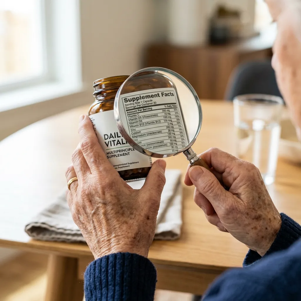 Hands of a senior holding a supplement bottle and carefully reading facts with a magnifying glass