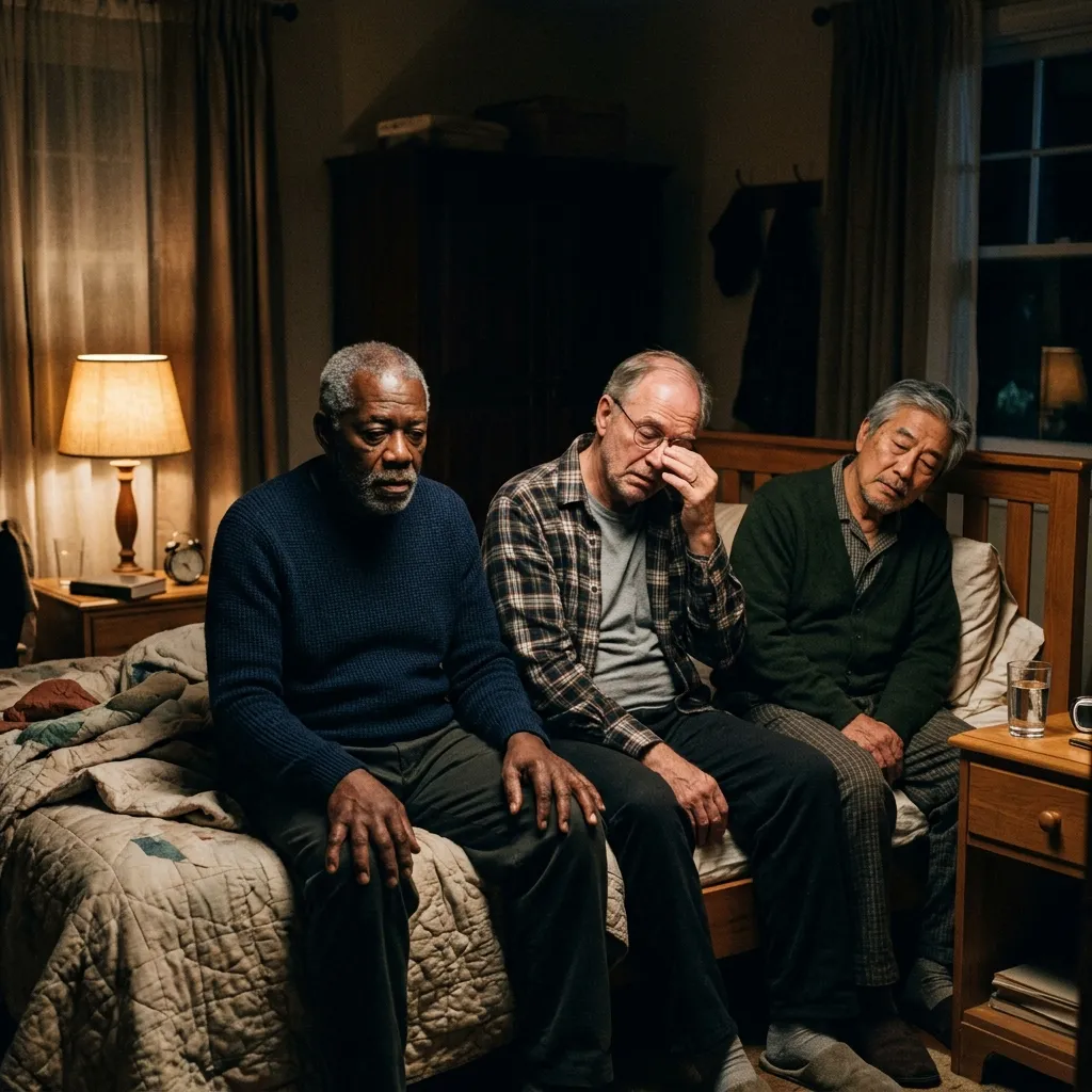An older senior sitting on the edge of the bed at night with bedside light on, looking tired