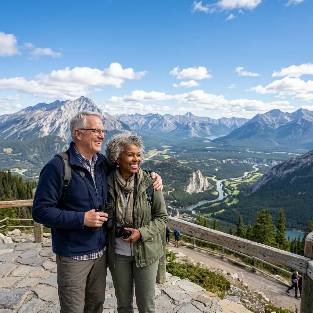 Diverse multiracial retired couple enjoying a beautiful clear outdoor landscape
