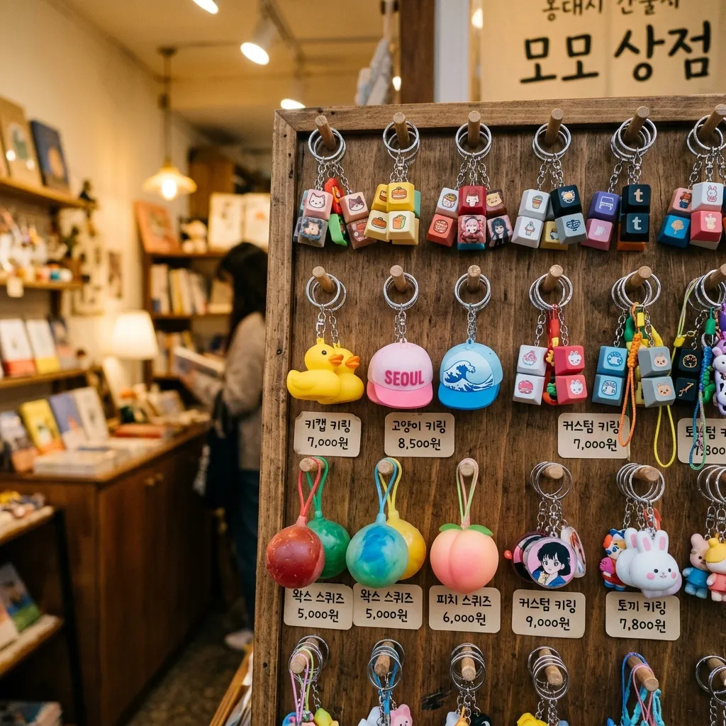 홍대 소품샵의 합리적인 가격대를 보여주는 키캡 키링 진열 매대