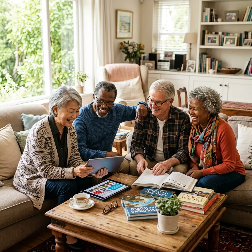 Diverse global retired seniors smiling and looking at a tablet PC and books in a bright living room