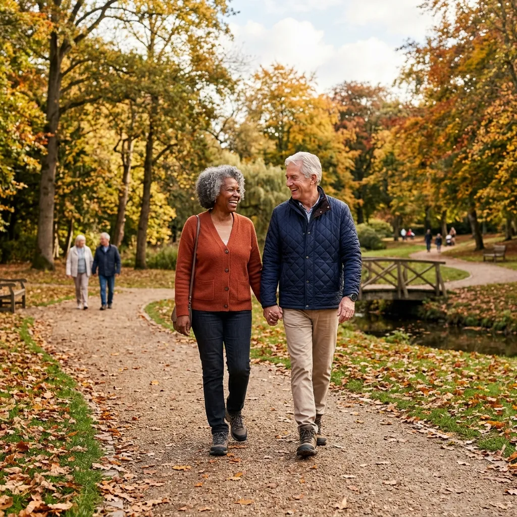 Happy retired senior couple walking hand-in-hand in a peaceful park