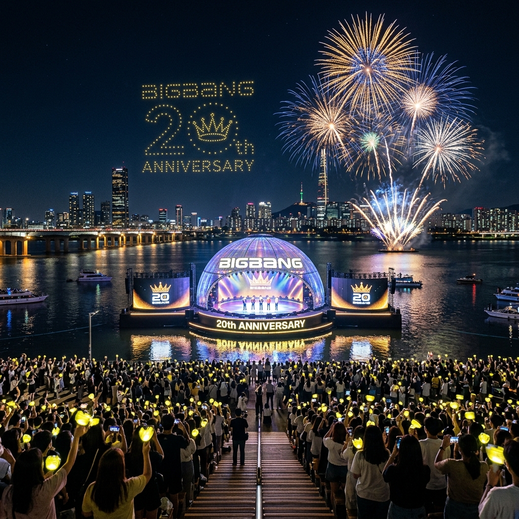 여의도 한강공원 물빛무대 앞 수상에서 펼쳐지는 빅뱅 20주년 드론 쇼와 불꽃놀이