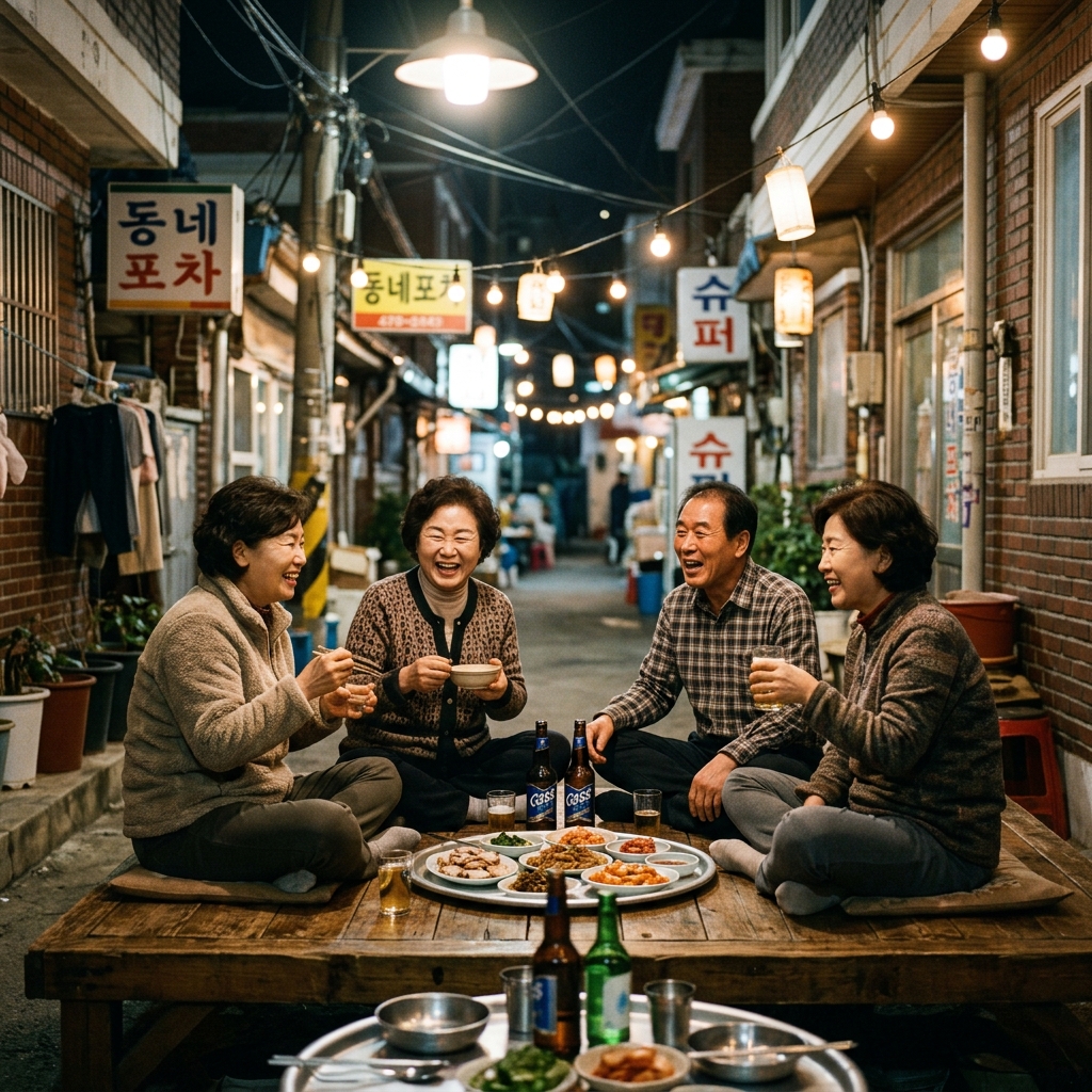 나무 평상 위에서 동네 주민들이 모여 대화를 나누는 모습