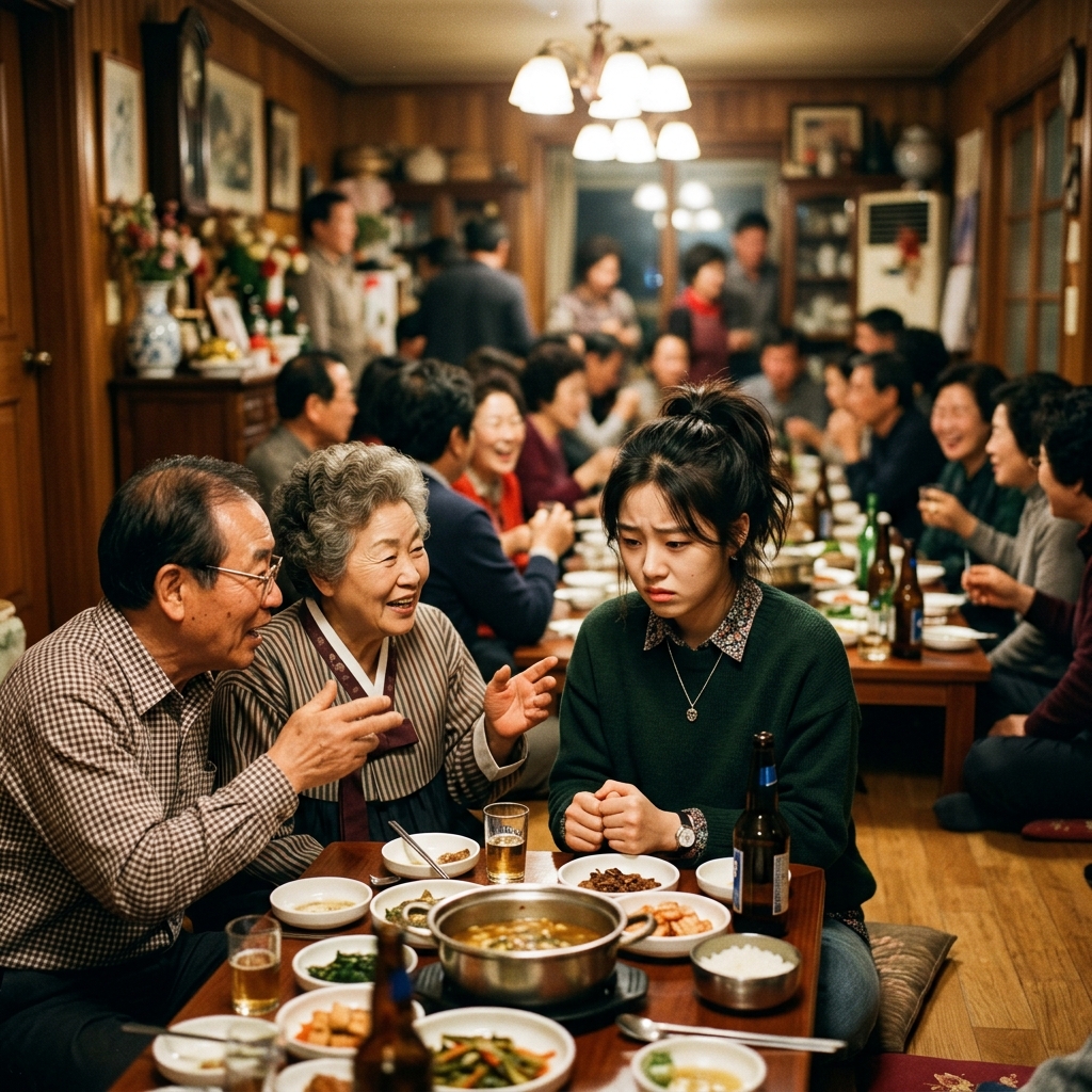 가족 관계자들의 대화 중 젊은 세대가 곤란한 표정을 짓는 모습