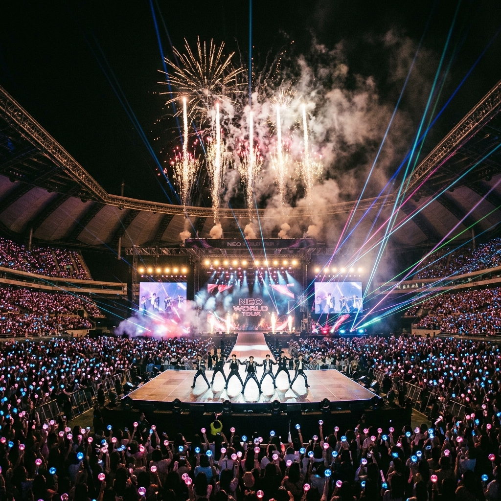 세븐틴 콘서트 상암 경기장 T자형 돌출 무대와 응원봉 은하수 관객석