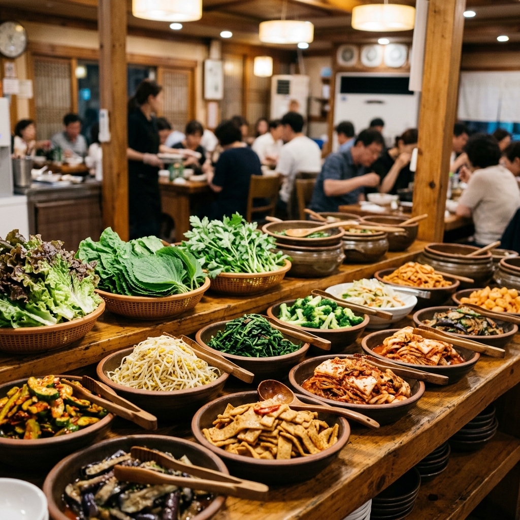 정갈하게 차려진 한국 뷔페 식재료 코너