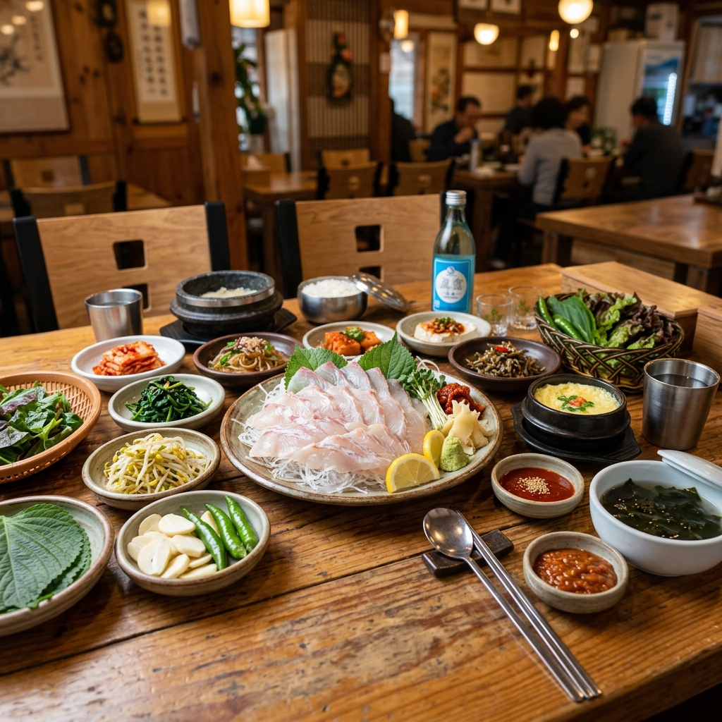 서울 식당 내 차려진 민어회 상차림
