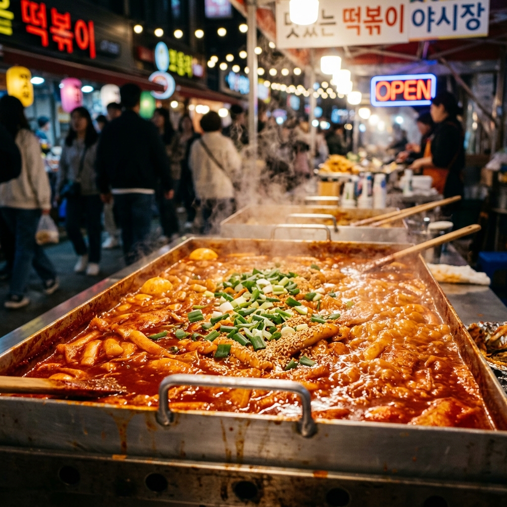 철판 가득 끓고 있는 떡볶이의 모습