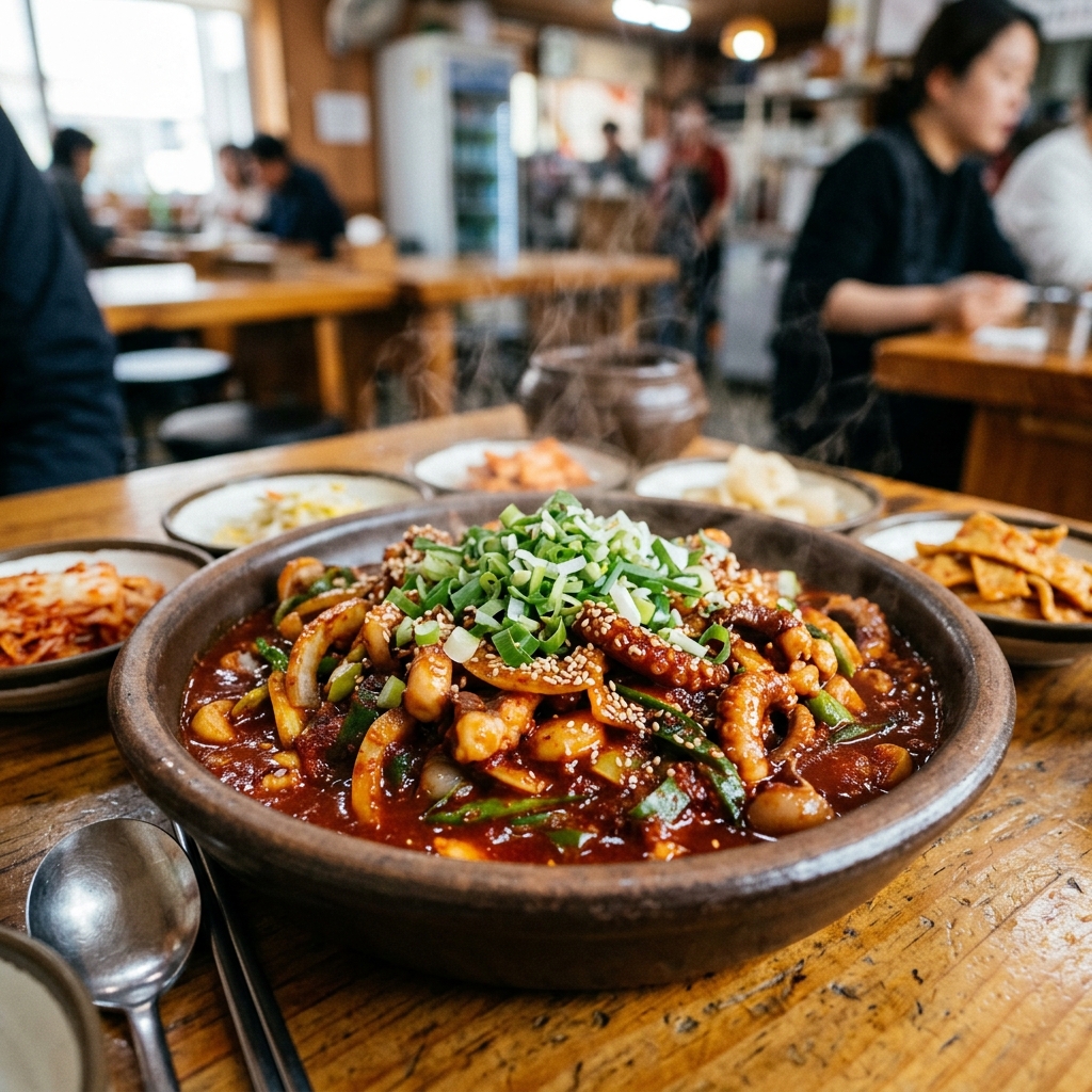접시에 담긴 매콤한 낙지볶음