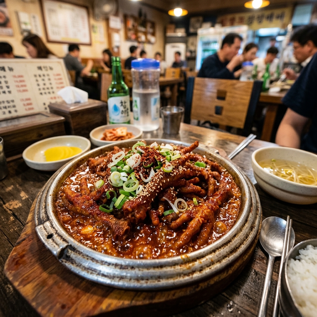 직화 구이 불닭발과 주먹밥의 모습