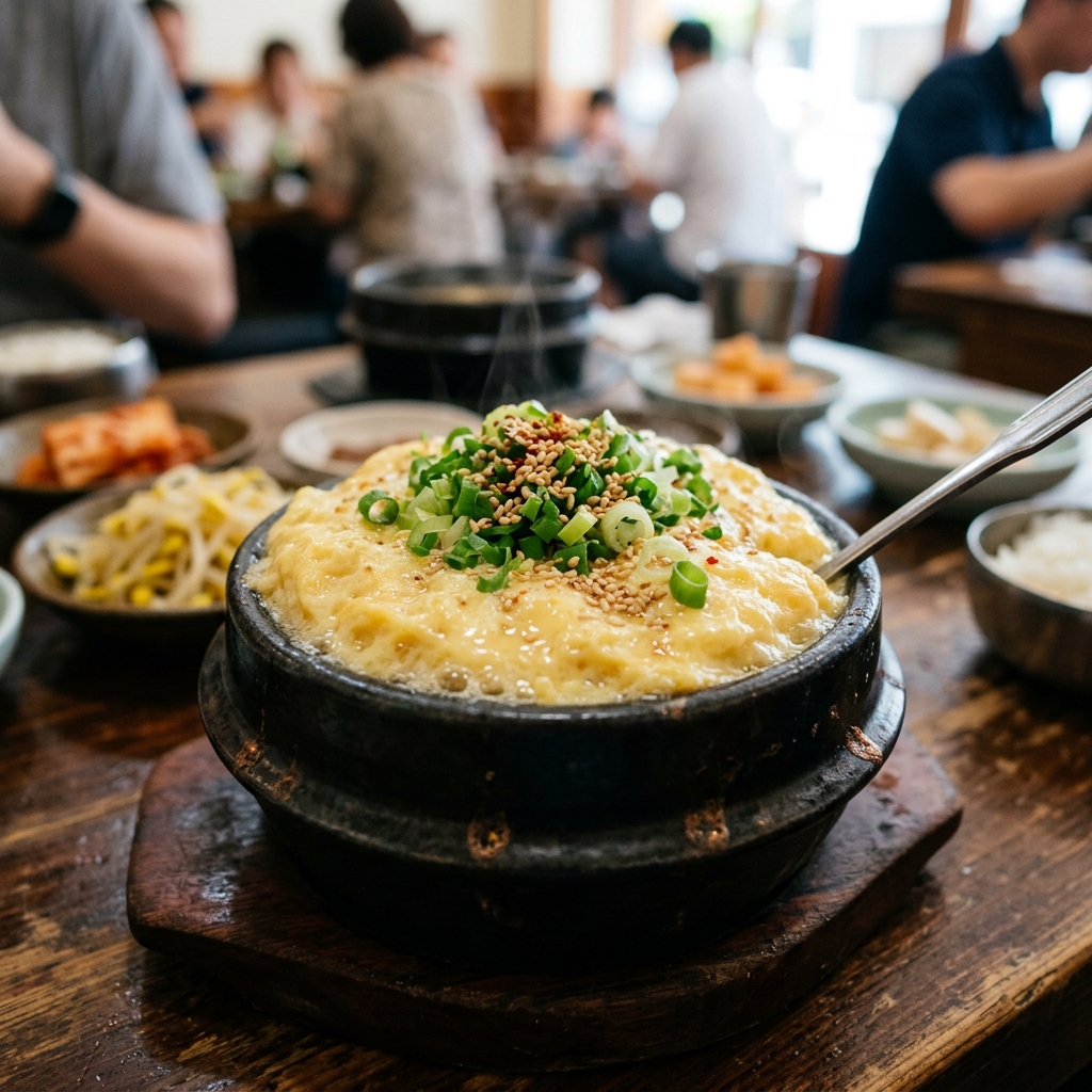 뚝배기에 담긴 한국식 계란찜 요리