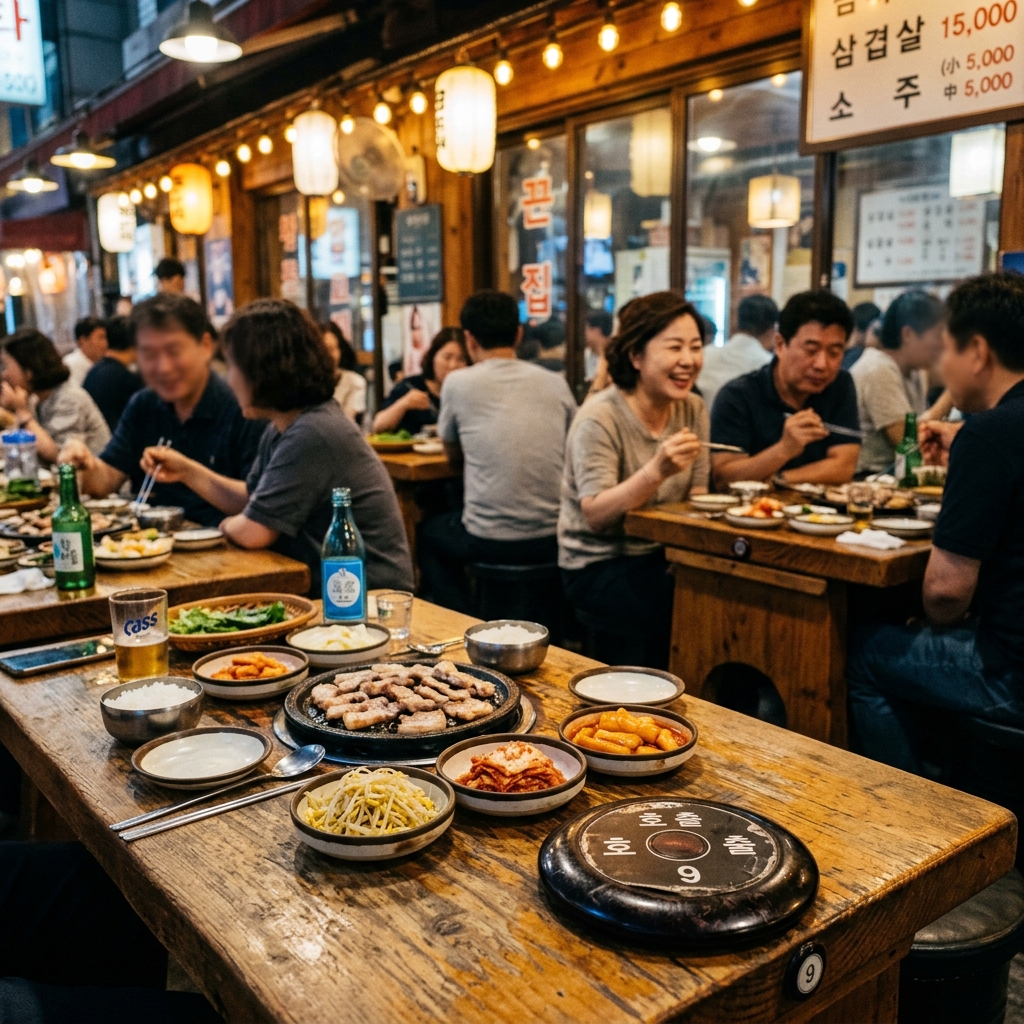테이블 모퉁이에 부착된 동그란 호출 벨