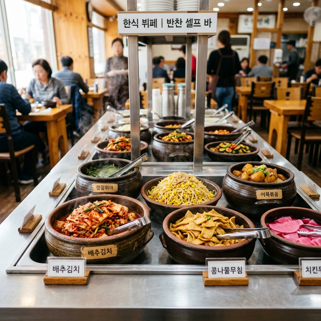 다양한 밑반찬들이 놓인 한국 식당의 셀프 서비스 바